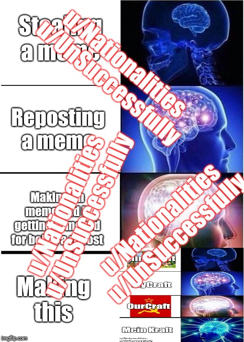 Expanding Brain | Stealing a meme; u/Nationalities
u/UnSuccessfully; Reposting a meme; u/Nationalities
u/UnSuccessfully; Making an meme and it getting removed for being a repost; u/Nationalities
u/UnSuccessfully; Making this | image tagged in memes,expanding brain | made w/ Imgflip meme maker