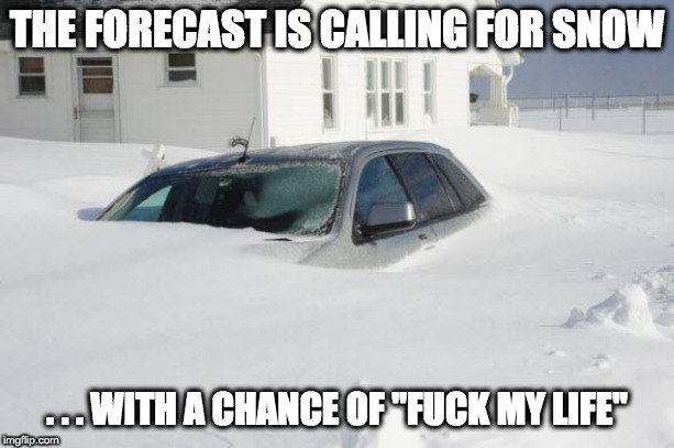 Fucked Forecast | THE FORECAST IS CALLING FOR SNOW; . . . WITH A CHANCE OF "FUCK MY LIFE" | image tagged in snow storm large,snow,fuck,weather,forecast | made w/ Imgflip meme maker