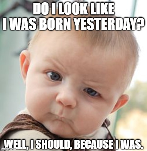 Here's a baby meme for y'all. | DO I LOOK LIKE I WAS BORN YESTERDAY? WELL, I SHOULD, BECAUSE I WAS. | image tagged in memes,skeptical baby,baby,babies | made w/ Imgflip meme maker