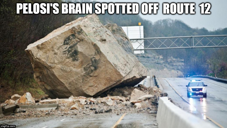 dumber THAN a rock! | PELOSI'S BRAIN SPOTTED OFF  ROUTE  12 | image tagged in derrrrp,nancy pelosi,dumber than a rock,duhhhh | made w/ Imgflip meme maker