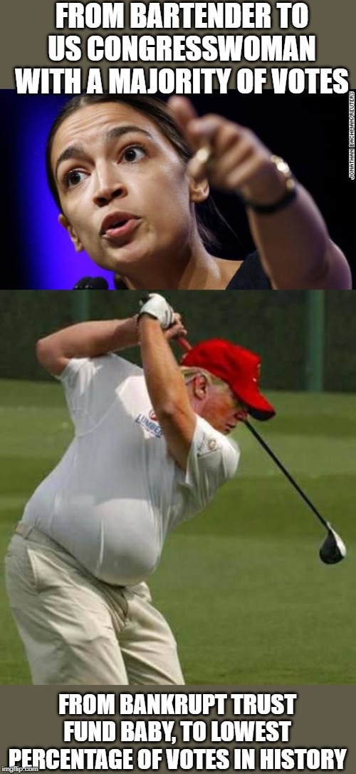 FROM BARTENDER TO US CONGRESSWOMAN WITH A MAJORITY OF VOTES FROM BANKRUPT TRUST FUND BABY, TO LOWEST PERCENTAGE OF VOTES IN HISTORY | image tagged in trump golf gut,oac | made w/ Imgflip meme maker