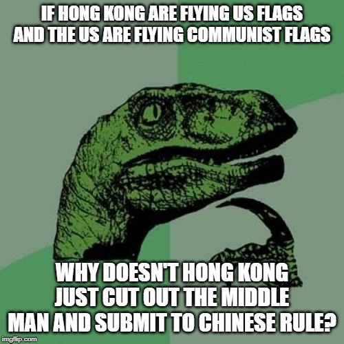 Whoever loses, China wins | IF HONG KONG ARE FLYING US FLAGS AND THE US ARE FLYING COMMUNIST FLAGS; WHY DOESN'T HONG KONG JUST CUT OUT THE MIDDLE MAN AND SUBMIT TO CHINESE RULE? | image tagged in memes,philosoraptor | made w/ Imgflip meme maker
