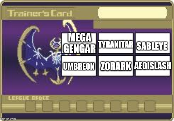 trainer card template L | MEGA GENGAR UMBREON ZORARK TYRANITAR SABLEYE AEGISLASH | image tagged in trainer card template l | made w/ Imgflip meme maker