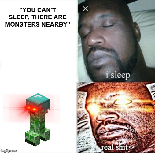 Sleeping Shaq Meme | "YOU CAN'T SLEEP, THERE ARE MONSTERS NEARBY" | image tagged in memes,sleeping shaq | made w/ Imgflip meme maker