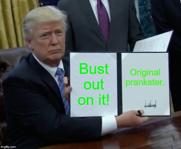 Trump Bill Signing Meme | Bust out on it! Original prankster. | image tagged in memes,trump bill signing | made w/ Imgflip meme maker