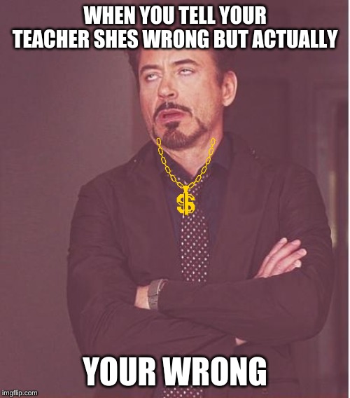 Face You Make Robert Downey Jr | WHEN YOU TELL YOUR TEACHER SHES WRONG BUT ACTUALLY; YOUR WRONG | image tagged in memes,face you make robert downey jr | made w/ Imgflip meme maker