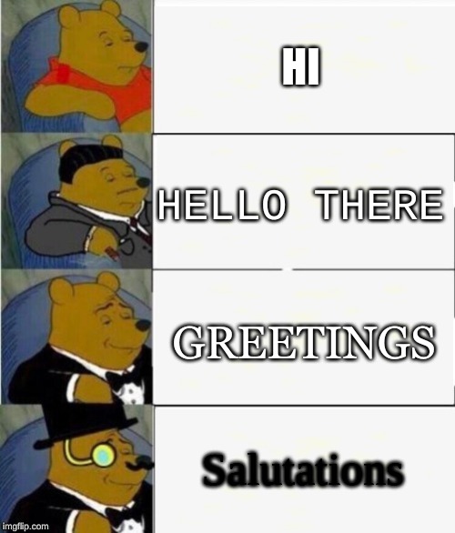 Tuxedo Winnie the Pooh 4 panel | HI; HELLO THERE; GREETINGS; Salutations | image tagged in tuxedo winnie the pooh 4 panel | made w/ Imgflip meme maker