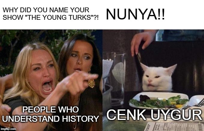 Woman Yelling At Cat Meme | WHY DID YOU NAME YOUR SHOW "THE YOUNG TURKS"?! NUNYA!! CENK UYGUR PEOPLE WHO UNDERSTAND HISTORY | image tagged in memes,woman yelling at cat | made w/ Imgflip meme maker
