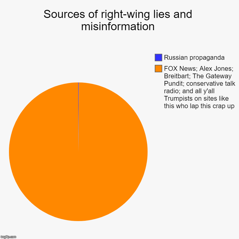 The Russia conspiracies on the Democratic side make me cringe. However, the true culprit is... | Sources of right-wing lies and misinformation | FOX News; Alex Jones; Breitbart; The Gateway Pundit; conservative talk radio; and all y'all  | image tagged in charts,pie charts,propaganda,russia,alex jones,fox news | made w/ Imgflip chart maker