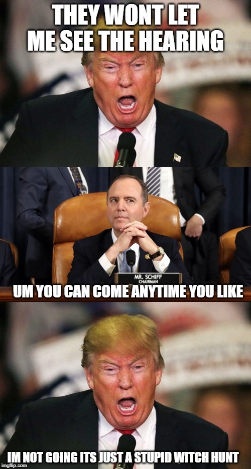 Cry baby whiner. Most pathetic and sad potus ever | THEY WONT LET ME SEE THE HEARING; UM YOU CAN COME ANYTIME YOU LIKE; IM NOT GOING ITS JUST A STUPID WITCH HUNT | image tagged in trump whining,schiff hearing,impeach trump,maga,politics | made w/ Imgflip meme maker