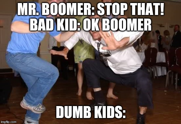 the jig | MR. BOOMER: STOP THAT!
BAD KID: OK BOOMER; DUMB KIDS: | image tagged in the jig,ok boomer | made w/ Imgflip meme maker