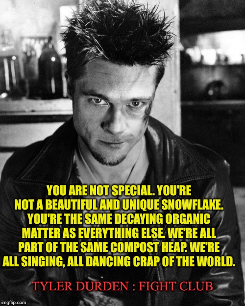 tyler durden b/w | YOU ARE NOT SPECIAL. YOU'RE NOT A BEAUTIFUL AND UNIQUE SNOWFLAKE. YOU'RE THE SAME DECAYING ORGANIC MATTER AS EVERYTHING ELSE. WE'RE ALL PART | image tagged in tyler durden b/w | made w/ Imgflip meme maker