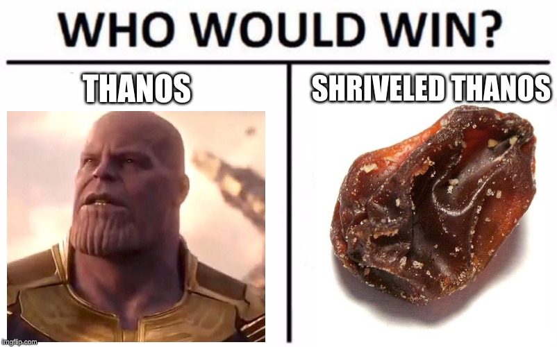Who Would Win? | THANOS; SHRIVELED THANOS | image tagged in memes,who would win,thanos,raisin | made w/ Imgflip meme maker