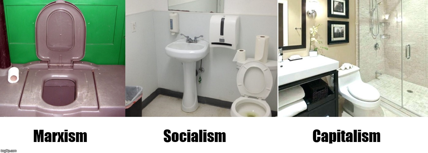 Political Bathrooms | Marxism; Socialism                                Capitalism | image tagged in socialism,marxism,capitalism,bathrooms | made w/ Imgflip meme maker