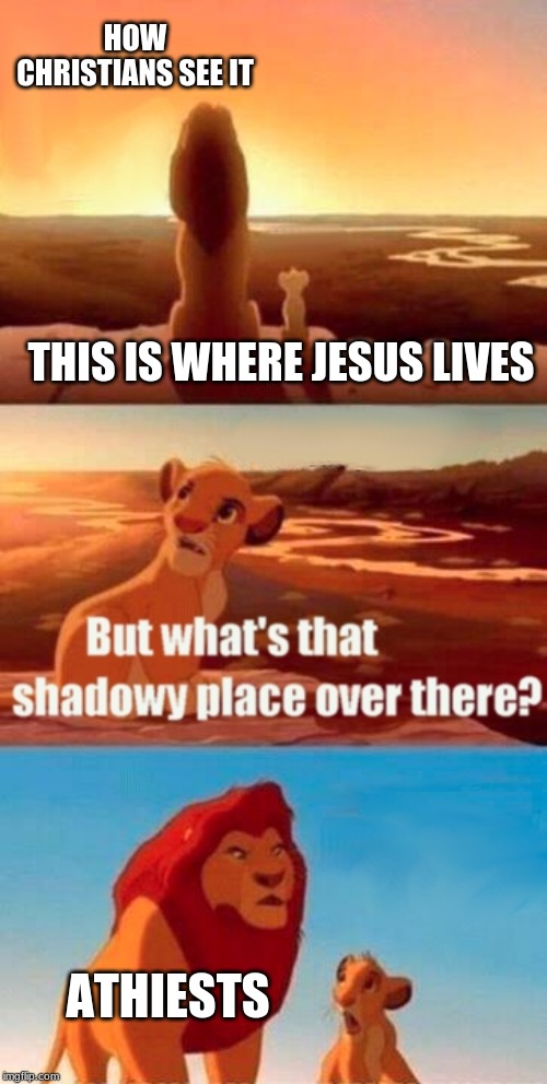 Simba Shadowy Place | HOW CHRISTIANS SEE IT; THIS IS WHERE JESUS LIVES; ATHIESTS | image tagged in memes,simba shadowy place | made w/ Imgflip meme maker