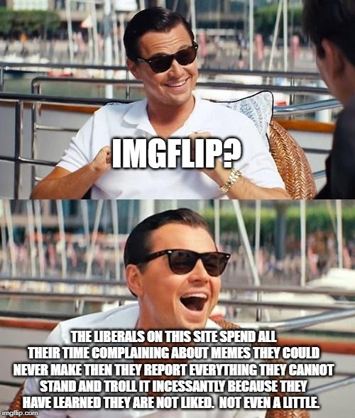 Leonardo Dicaprio Wolf Of Wall Street Meme | IMGFLIP? THE LIBERALS ON THIS SITE SPEND ALL THEIR TIME COMPLAINING ABOUT MEMES THEY COULD NEVER MAKE THEN THEY REPORT EVERYTHING THEY CANNOT STAND AND TROLL IT INCESSANTLY BECAUSE THEY HAVE LEARNED THEY ARE NOT LIKED.  NOT EVEN A LITTLE. | image tagged in memes,leonardo dicaprio wolf of wall street | made w/ Imgflip meme maker