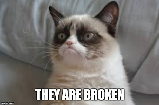 Grumpy cat | THEY ARE BROKEN | image tagged in grumpy cat | made w/ Imgflip meme maker