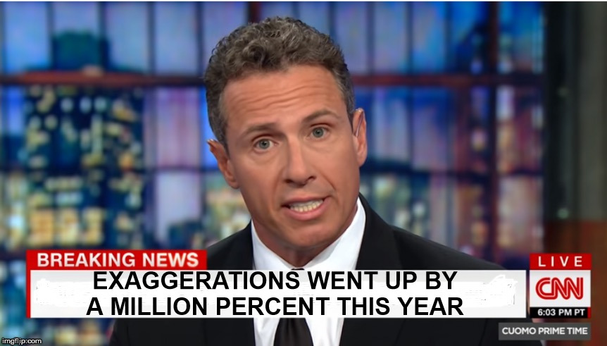 Chris Cuomo: Exaggerated Breaking News | EXAGGERATIONS WENT UP BY A MILLION PERCENT THIS YEAR | image tagged in chris cuomo breaking news,memes,lying media,you don't say,one does not simply,but thats none of my business | made w/ Imgflip meme maker