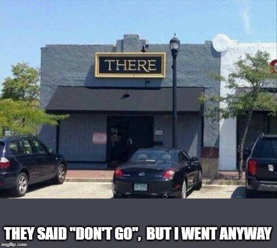 don't go there | THEY SAID "DON'T GO",  BUT I WENT ANYWAY | image tagged in bar,don't go there,pun | made w/ Imgflip meme maker