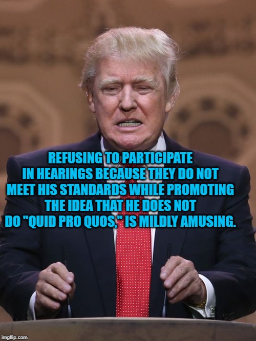 Donald Trump | REFUSING TO PARTICIPATE IN HEARINGS BECAUSE THEY DO NOT MEET HIS STANDARDS WHILE PROMOTING THE IDEA THAT HE DOES NOT DO "QUID PRO QUOS," IS MILDLY AMUSING. | image tagged in donald trump | made w/ Imgflip meme maker