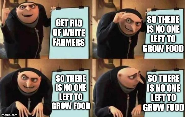 Gru's Plan Meme | SO THERE IS NO ONE
LEFT TO
GROW FOOD; GET RID OF WHITE FARMERS; SO THERE IS NO ONE
LEFT TO
GROW FOOD; SO THERE IS NO ONE
LEFT TO
GROW FOOD | image tagged in gru's plan | made w/ Imgflip meme maker