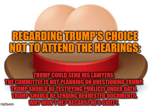 Why won't he? Because he's GUILTY | REGARDING TRUMP'S CHOICE NOT TO ATTEND THE HEARINGS:; TRUMP COULD SEND HIS LAWYERS. 
THE COMMITTEE IS NOT PLANNING ON QUESTIONING TRUMP. 
TRUMP SHOULD BE TESTIFYING PUBLICLY UNDER OATH. 
TRUMP SHOULD BE SENDING REQUESTED DOCUMENTS.
WHY WON'T HE? BECAUSE HE'S GUILTY. | image tagged in donald trump,trump impeachment | made w/ Imgflip meme maker