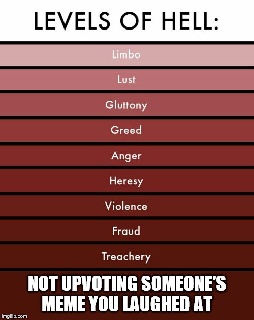Levels of hell | NOT UPVOTING SOMEONE'S MEME YOU LAUGHED AT | image tagged in levels of hell | made w/ Imgflip meme maker