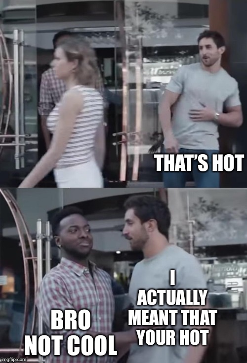 Bro not cool | THAT’S HOT; I ACTUALLY MEANT THAT YOUR HOT; BRO NOT COOL | image tagged in bro not cool | made w/ Imgflip meme maker