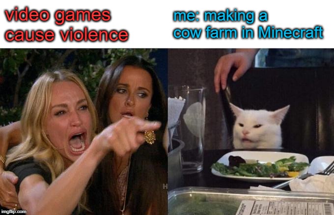 Woman Yelling At Cat Meme | video games cause violence; me: making a cow farm in Minecraft | image tagged in memes,woman yelling at cat | made w/ Imgflip meme maker