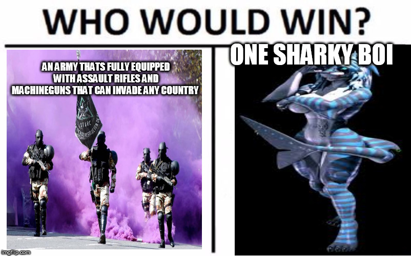 What the f..k Nika? | ONE SHARKY BOI; AN ARMY THATS FULLY EQUIPPED WITH ASSAULT RIFLES AND MACHINEGUNS THAT CAN INVADE ANY COUNTRY | image tagged in memes,who would win | made w/ Imgflip meme maker