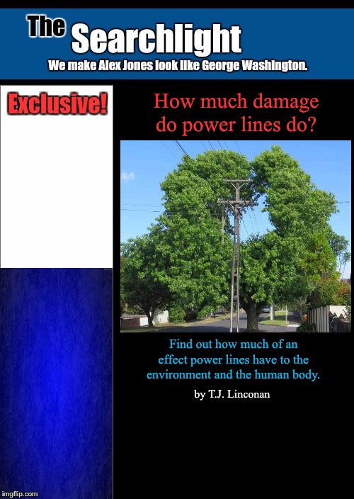 New blank Searchlight cover | How much damage do power lines do? Find out how much of an effect power lines have to the environment and the human body. by T.J. Linconan | image tagged in new blank searchlight cover | made w/ Imgflip meme maker