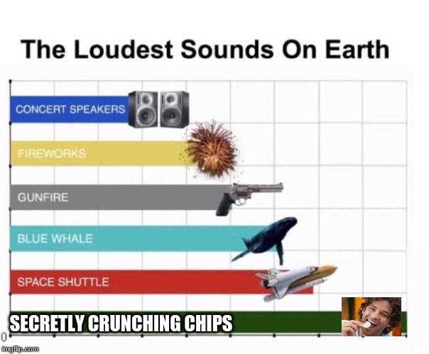 The Loudest Sounds on Earth | SECRETLY CRUNCHING CHIPS | image tagged in the loudest sounds on earth | made w/ Imgflip meme maker