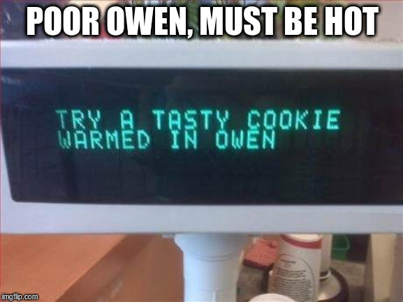 Tasty cookies | POOR OWEN, MUST BE HOT | image tagged in owen,memes,funny,cookie,oven | made w/ Imgflip meme maker