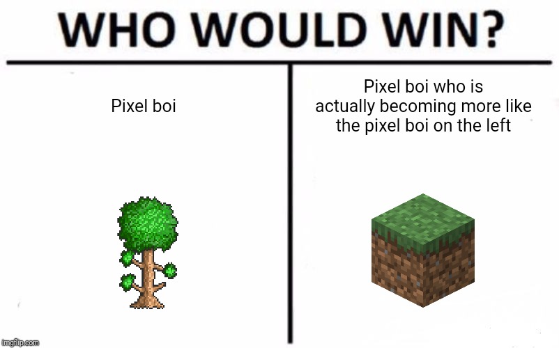 Who Would Win? Meme | Pixel boi; Pixel boi who is actually becoming more like the pixel boi on the left | image tagged in memes,who would win | made w/ Imgflip meme maker