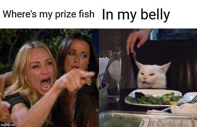 Woman Yelling At Cat Meme | Where's my prize fish; In my belly | image tagged in memes,woman yelling at cat | made w/ Imgflip meme maker