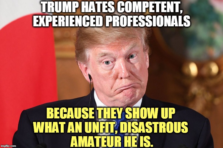 This might be barely excusable in some circumstances, but not in a pandemic. | TRUMP HATES COMPETENT, EXPERIENCED PROFESSIONALS; BECAUSE THEY SHOW UP 
WHAT AN UNFIT, DISASTROUS 
AMATEUR HE IS. | image tagged in professional,amateur,trump,unfit,disaster | made w/ Imgflip meme maker