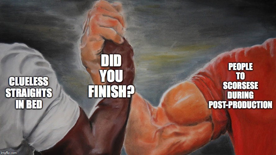 did you finish? | DID YOU FINISH? CLUELESS STRAIGHTS IN BED; PEOPLE TO SCORSESE DURING POST-PRODUCTION | image tagged in epic hand shake | made w/ Imgflip meme maker
