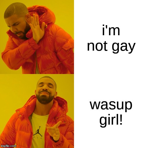 Drake Hotline Bling | i'm not gay; wasup girl! | image tagged in memes,drake hotline bling | made w/ Imgflip meme maker