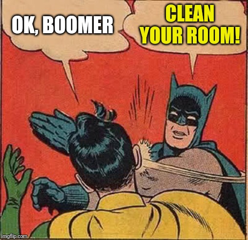Batman Slapping Robin Meme | OK, BOOMER; CLEAN YOUR ROOM! | image tagged in memes,batman slapping robin | made w/ Imgflip meme maker