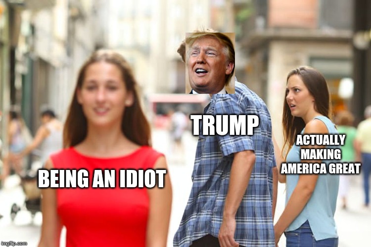 Distracted Boyfriend | TRUMP; ACTUALLY MAKING AMERICA GREAT; BEING AN IDIOT | image tagged in memes,distracted boyfriend | made w/ Imgflip meme maker
