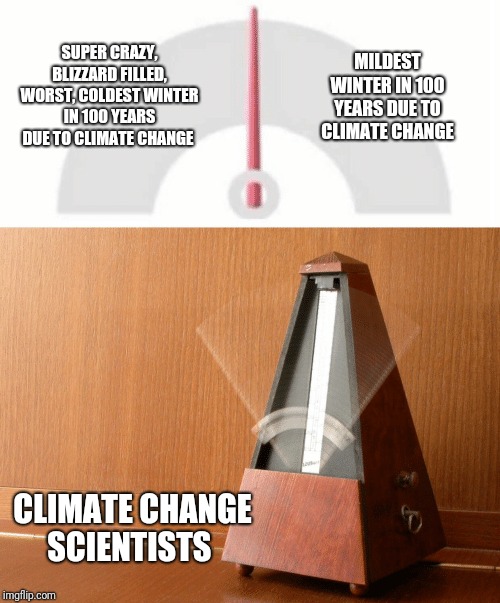Make your mind up | MILDEST WINTER IN 100 YEARS DUE TO CLIMATE CHANGE; SUPER CRAZY, BLIZZARD FILLED, WORST, COLDEST WINTER IN 100 YEARS DUE TO CLIMATE CHANGE; CLIMATE CHANGE SCIENTISTS | image tagged in climate change | made w/ Imgflip meme maker