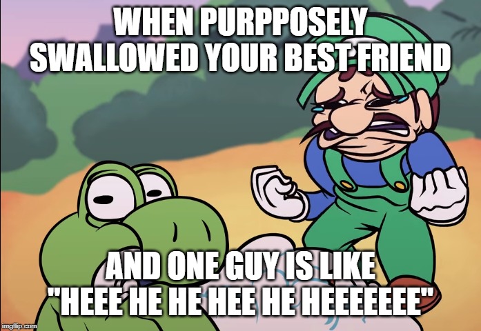 Yoshi did the bad bad | WHEN PURPPOSELY SWALLOWED YOUR BEST FRIEND; AND ONE GUY IS LIKE "HEEE HE HE HEE HE HEEEEEEE" | image tagged in crusader | made w/ Imgflip meme maker