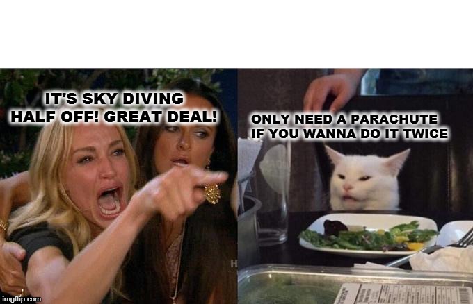 Woman Yelling At Cat | IT'S SKY DIVING HALF OFF! GREAT DEAL! ONLY NEED A PARACHUTE IF YOU WANNA DO IT TWICE | image tagged in memes,woman yelling at cat | made w/ Imgflip meme maker