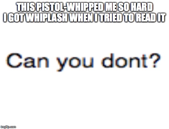Thank you, N, very cool. | THIS PISTOL-WHIPPED ME SO HARD I GOT WHIPLASH WHEN I TRIED TO READ IT | image tagged in i want this to burn,i had a stroke trying to read this,can you dont | made w/ Imgflip meme maker