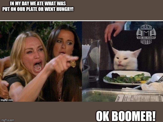 white cat table | IN MY DAY WE ATE WHAT WAS PUT ON OUR PLATE OR WENT HUNGRY! OK BOOMER! | image tagged in white cat table | made w/ Imgflip meme maker