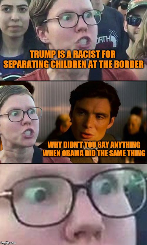 Inception Liberal | TRUMP IS A RACIST FOR  SEPARATING CHILDREN AT THE BORDER; WHY DIDN'T YOU SAY ANYTHING WHEN OBAMA DID THE SAME THING | image tagged in inception liberal | made w/ Imgflip meme maker