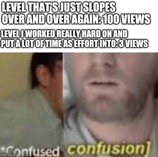 Confused confusion | LEVEL THAT'S JUST SLOPES OVER AND OVER AGAIN: 100 VIEWS; LEVEL I WORKED REALLY HARD ON AND PUT A LOT OF TIME AS EFFORT INTO: 3 VIEWS | image tagged in confused confusion | made w/ Imgflip meme maker