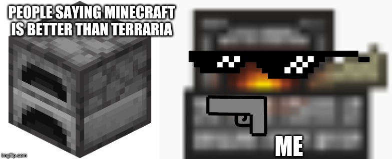 PEOPLE SAYING MINECRAFT IS BETTER THAN TERRARIA; ME | image tagged in terraria | made w/ Imgflip meme maker