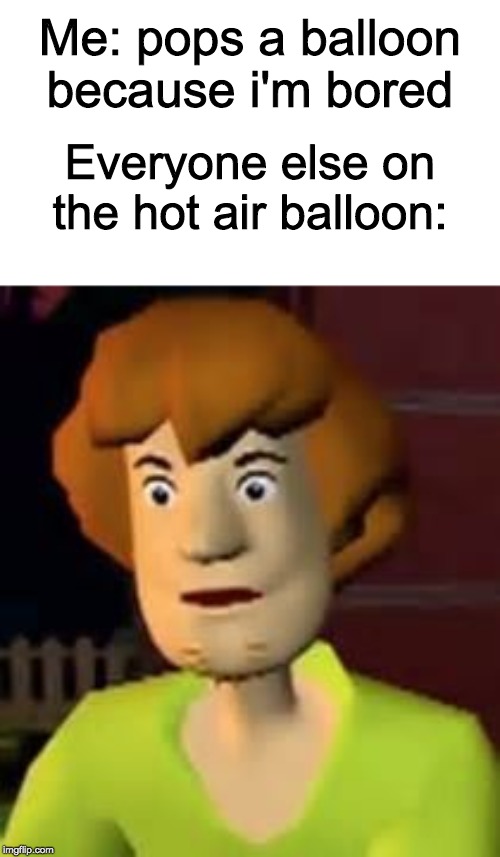 Up√0†ing ge†5 ¥0u p0in†5! | Me: pops a balloon because i'm bored; Everyone else on the hot air balloon: | image tagged in surprised shaggy,funny,memes | made w/ Imgflip meme maker