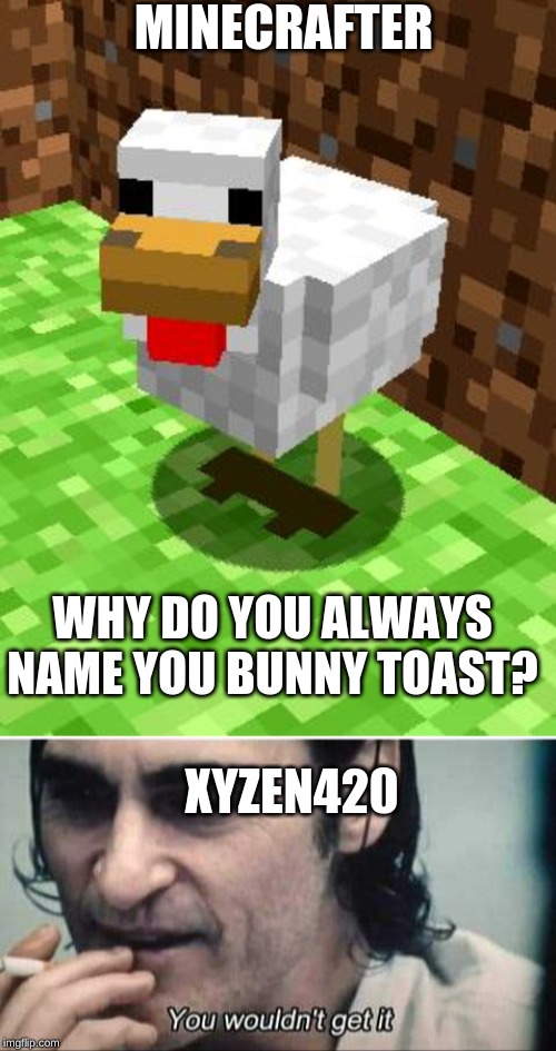 MINECRAFTER; WHY DO YOU ALWAYS NAME YOU BUNNY TOAST? XYZEN420 | image tagged in minecraft advice chicken,you wouldn't get it | made w/ Imgflip meme maker